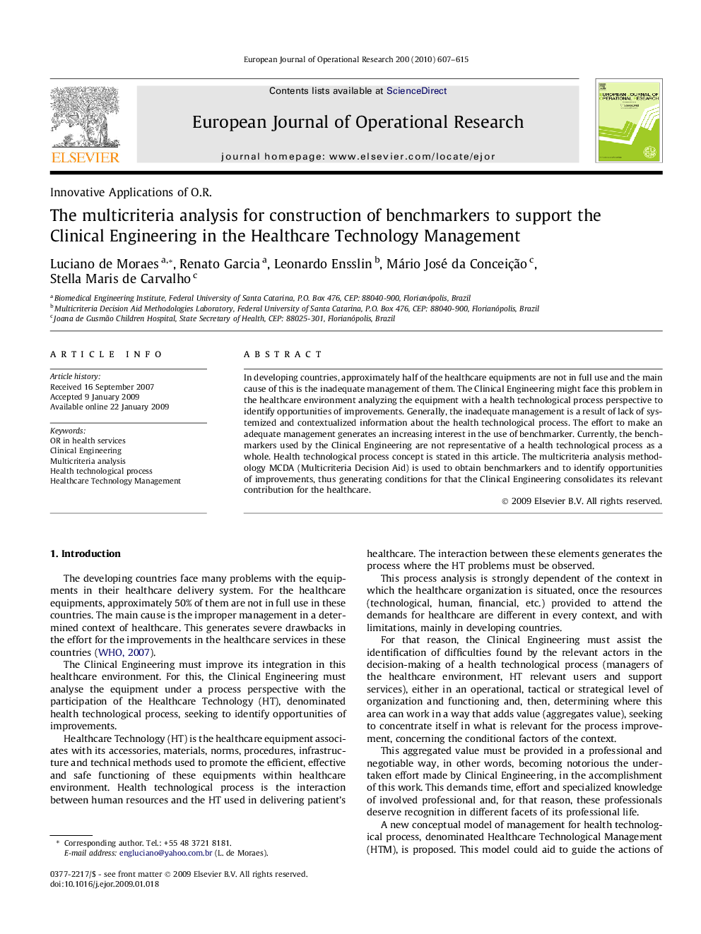 The multicriteria analysis for construction of benchmarkers to support the Clinical Engineering in the Healthcare Technology Management