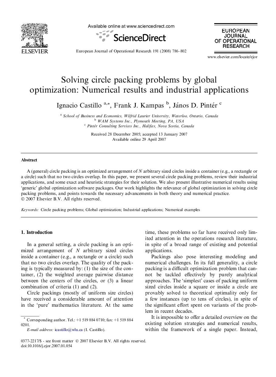 Solving circle packing problems by global optimization: Numerical results and industrial applications