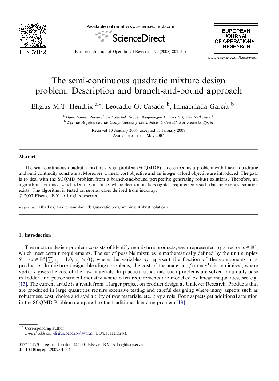 The semi-continuous quadratic mixture design problem: Description and branch-and-bound approach