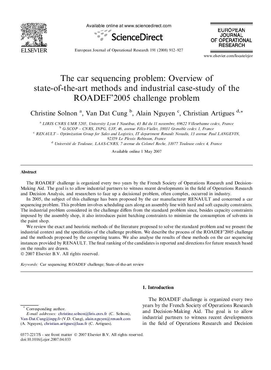 The car sequencing problem: Overview of state-of-the-art methods and industrial case-study of the ROADEF’2005 challenge problem