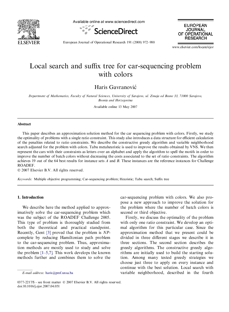 Local search and suffix tree for car-sequencing problem with colors