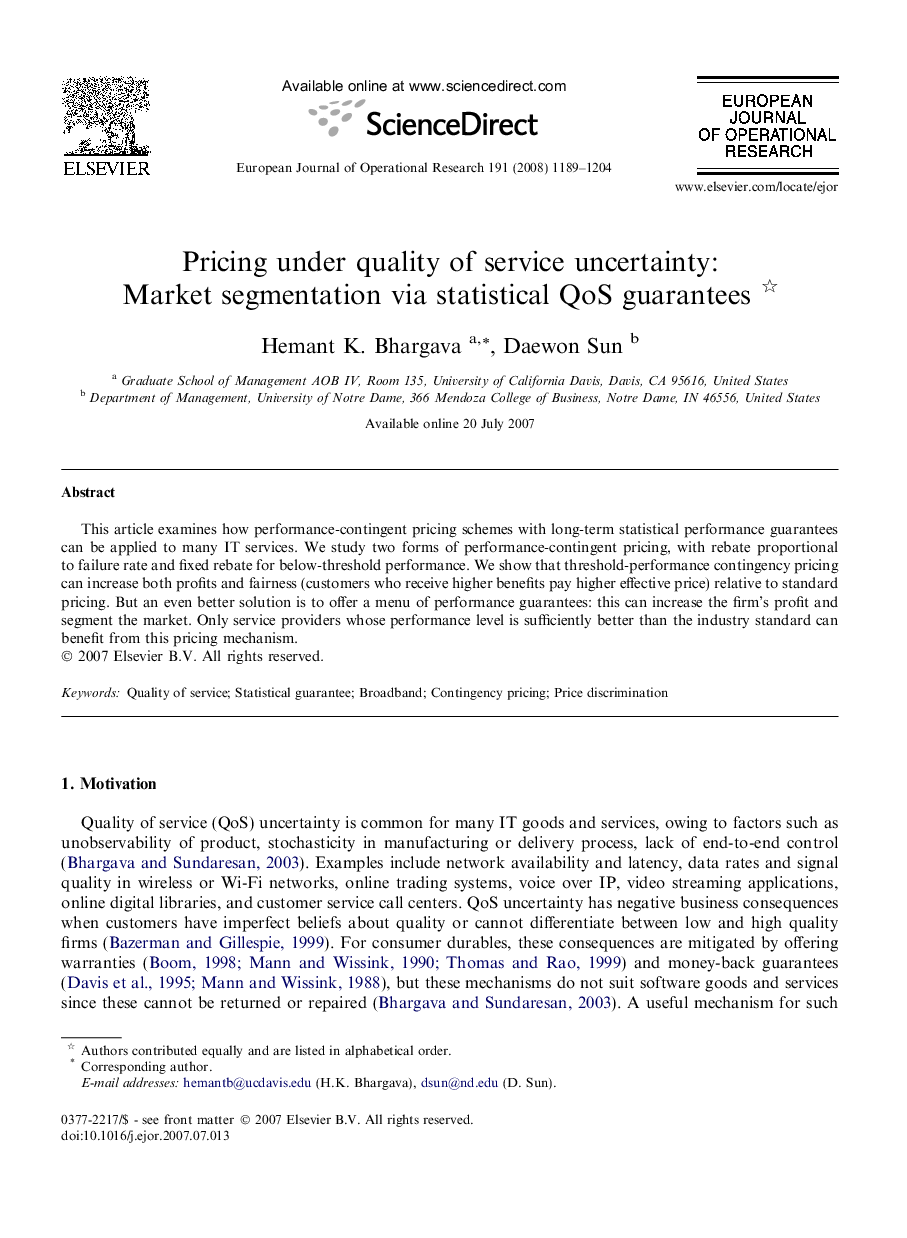 Pricing under quality of service uncertainty: Market segmentation via statistical QoS guarantees 