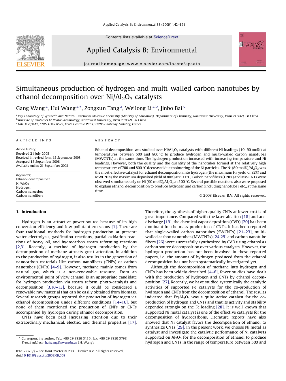 عکس صفحه اول مقاله: Simultaneous production of hydrogen and multi-walled carbon nanotubes by ethanol decomposition over Ni/Al2O3 catalysts Simultaneous production of hydrogen and multi-walled carbon nanotubes by ethanol decomposition over Ni/Al2O3 catalysts