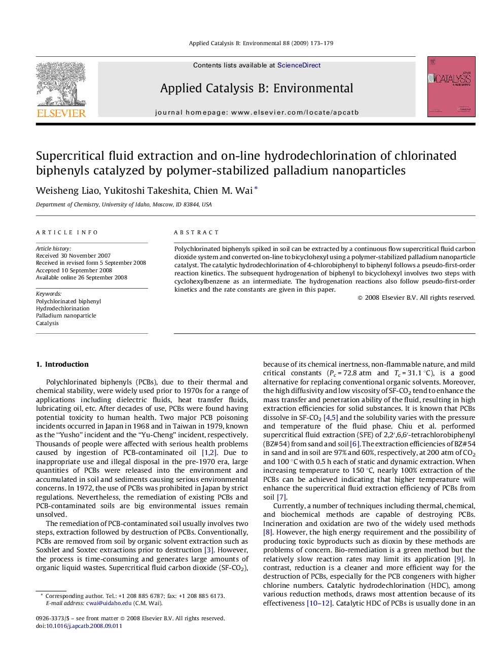 Supercritical fluid extraction and on-line hydrodechlorination of chlorinated biphenyls catalyzed by polymer-stabilized palladium nanoparticles