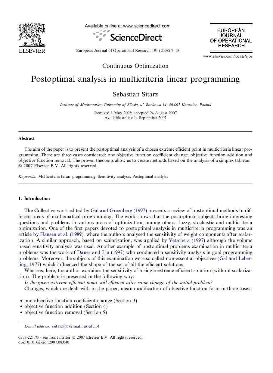 Postoptimal analysis in multicriteria linear programming