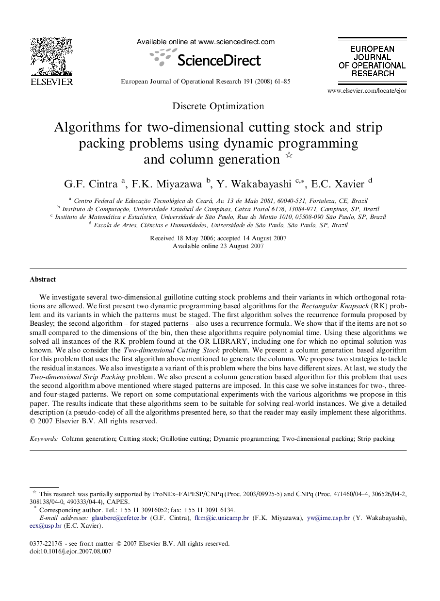 Algorithms for two-dimensional cutting stock and strip packing problems using dynamic programming and column generation 