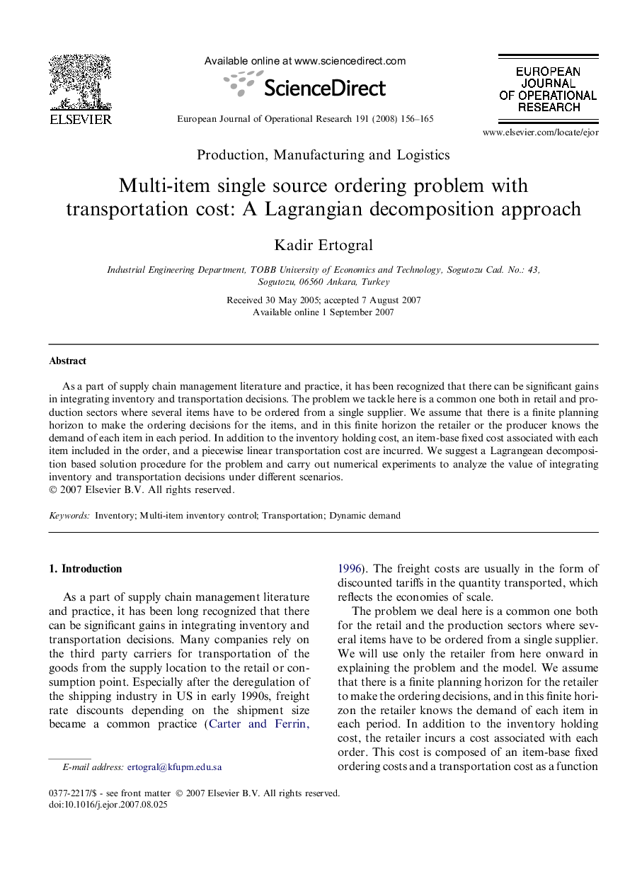 Multi-item single source ordering problem with transportation cost: A Lagrangian decomposition approach