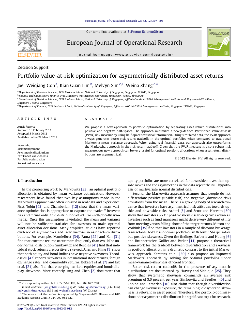 Portfolio value-at-risk optimization for asymmetrically distributed asset returns