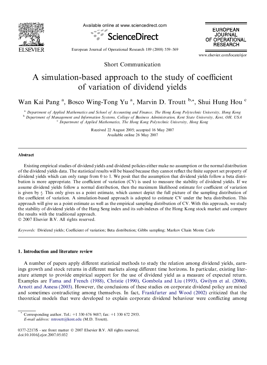 A simulation-based approach to the study of coefficient of variation of dividend yields