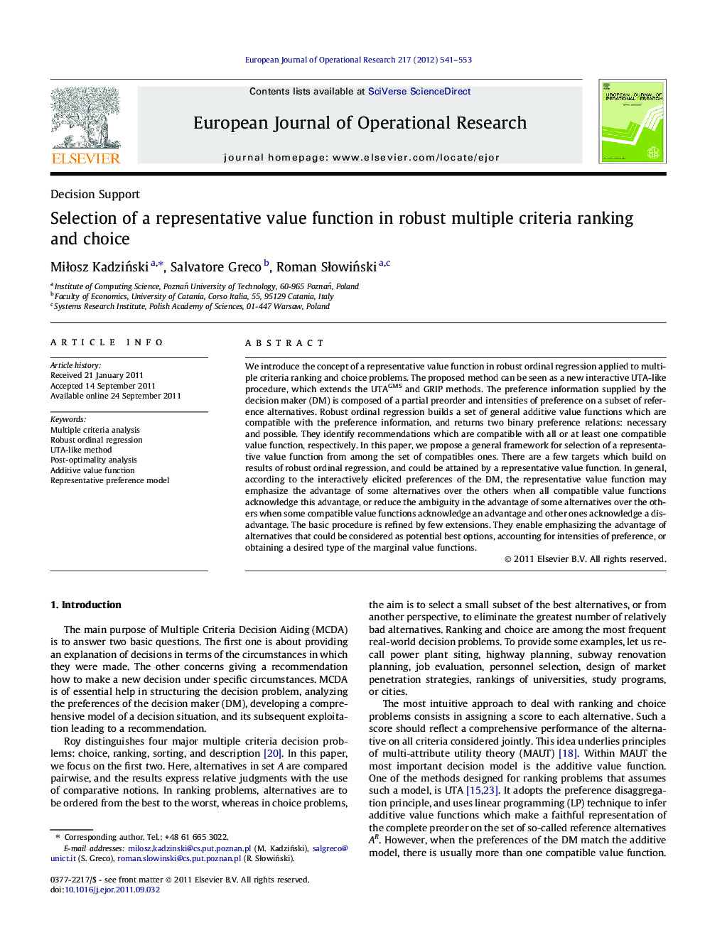 Selection of a representative value function in robust multiple criteria ranking and choice