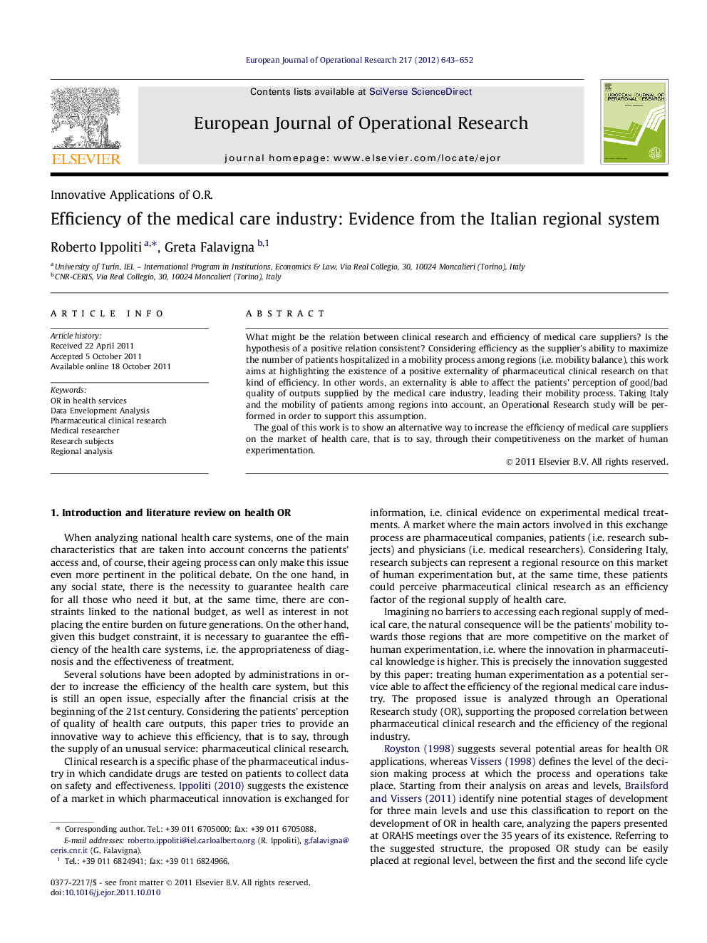 Efficiency of the medical care industry: Evidence from the Italian regional system