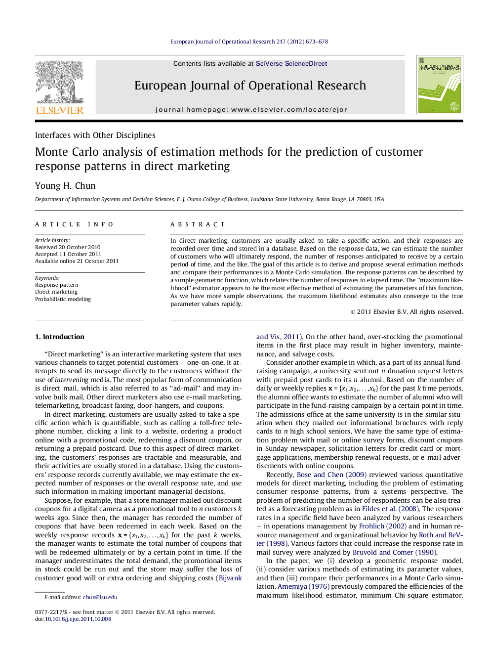 Monte Carlo analysis of estimation methods for the prediction of customer response patterns in direct marketing