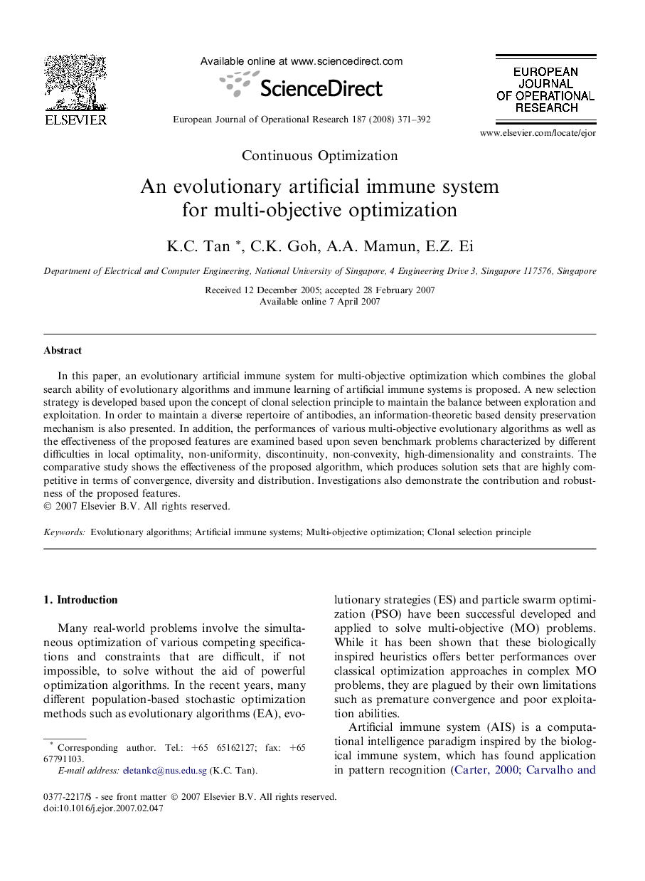 An evolutionary artificial immune system for multi-objective optimization