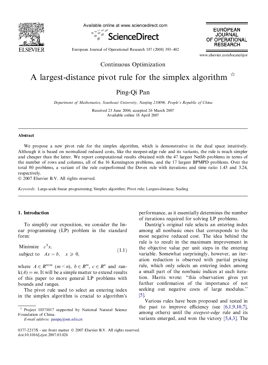 A largest-distance pivot rule for the simplex algorithm 