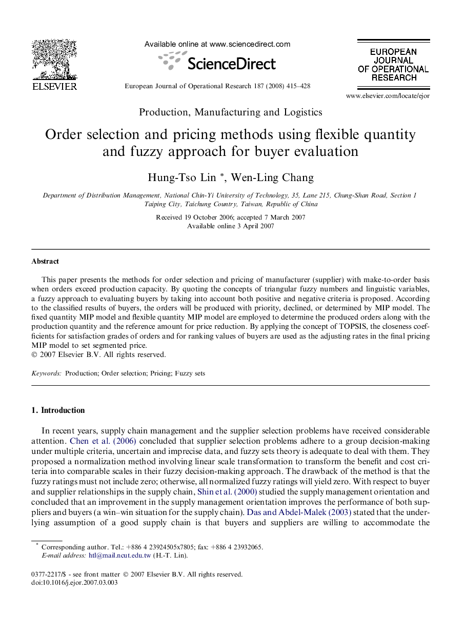 Order selection and pricing methods using flexible quantity and fuzzy approach for buyer evaluation