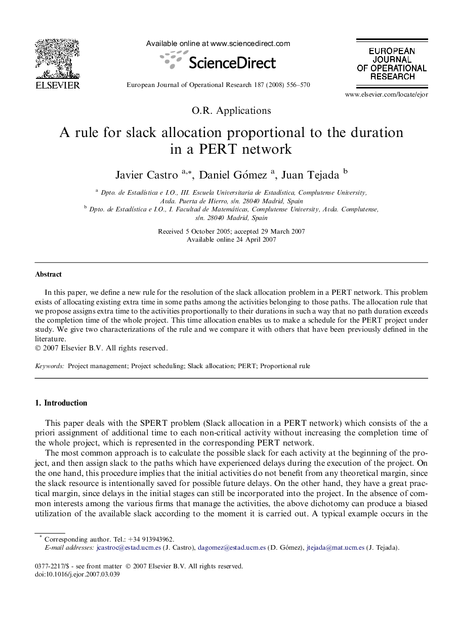 A rule for slack allocation proportional to the duration in a PERT network