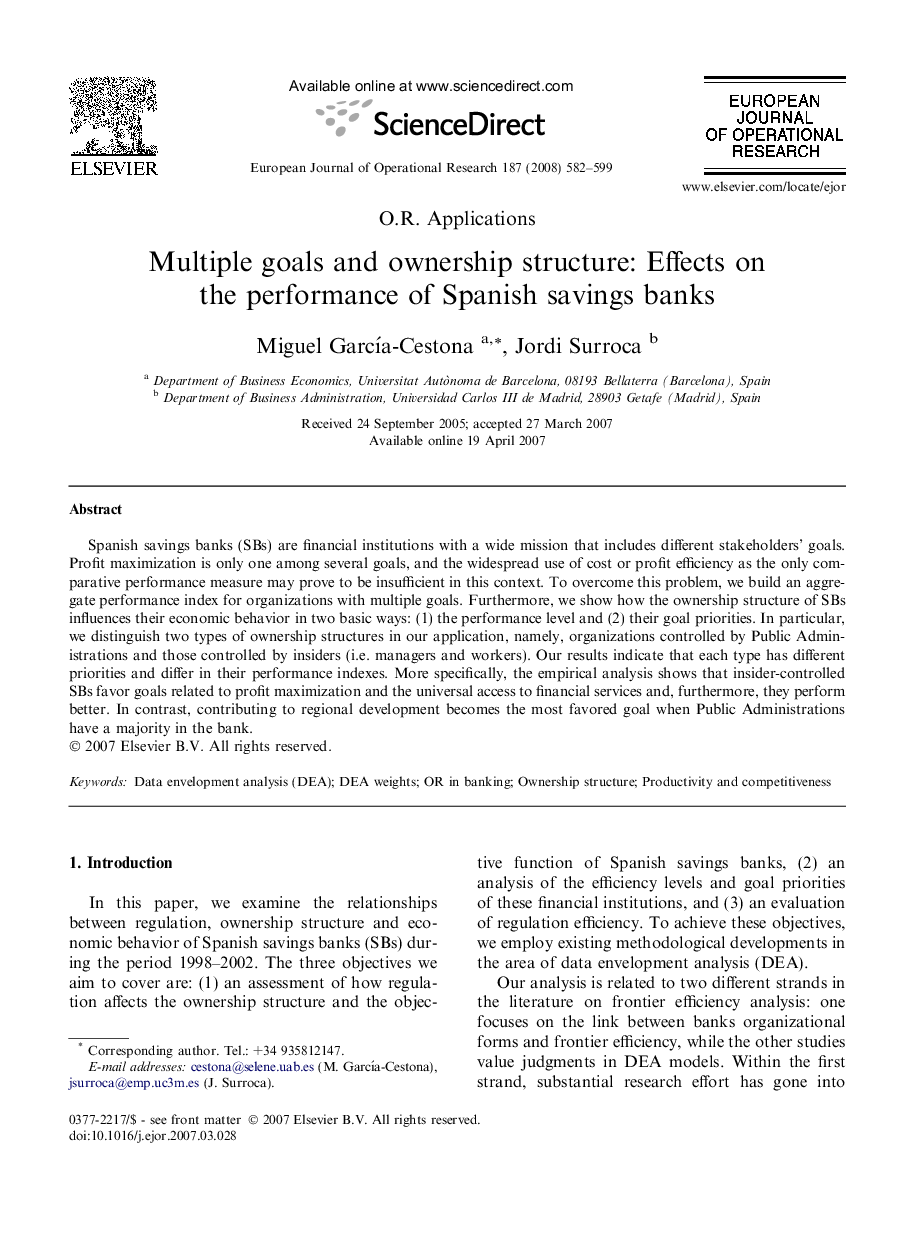 Multiple goals and ownership structure: Effects on the performance of Spanish savings banks