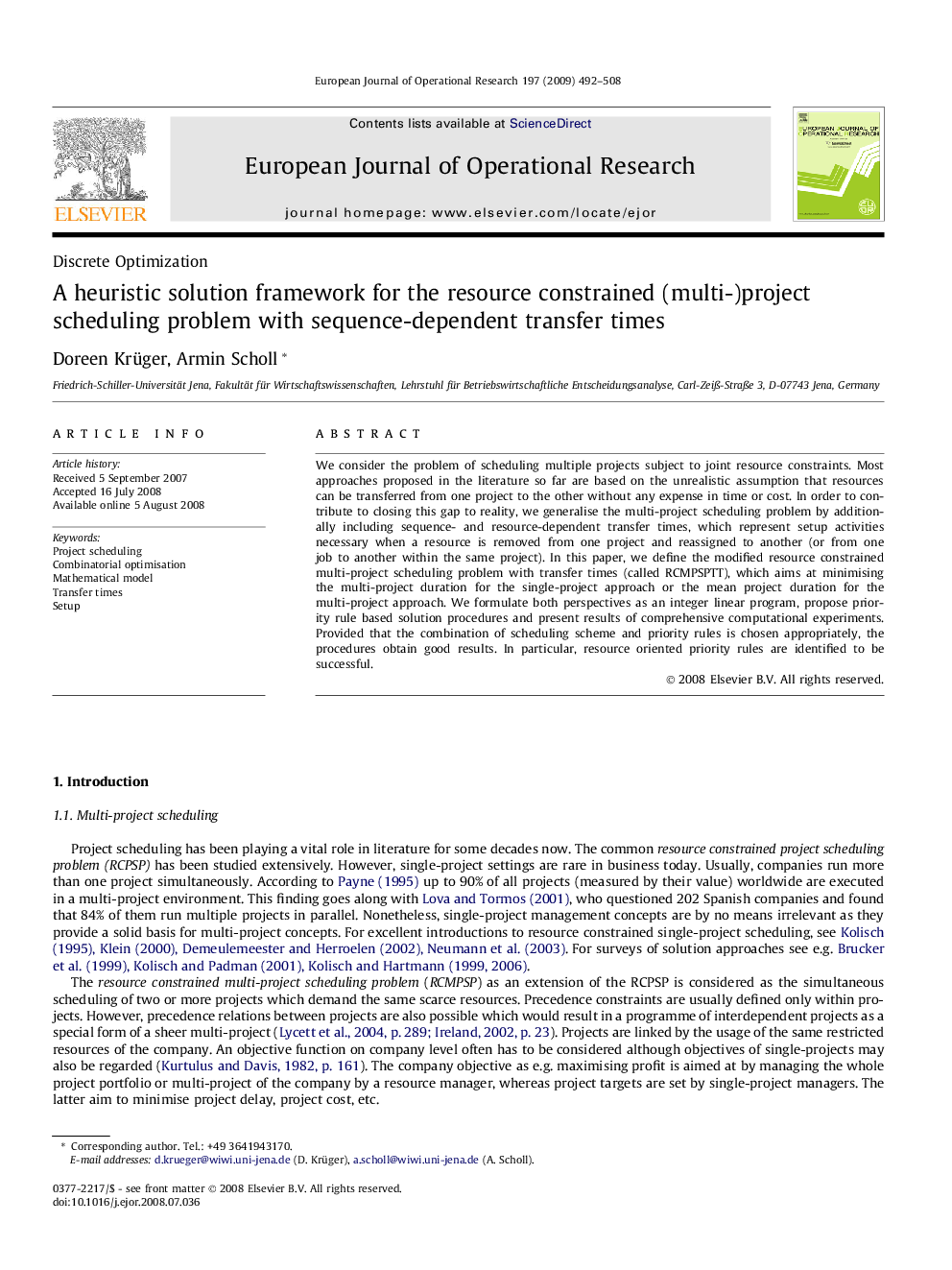 A heuristic solution framework for the resource constrained (multi-)project scheduling problem with sequence-dependent transfer times