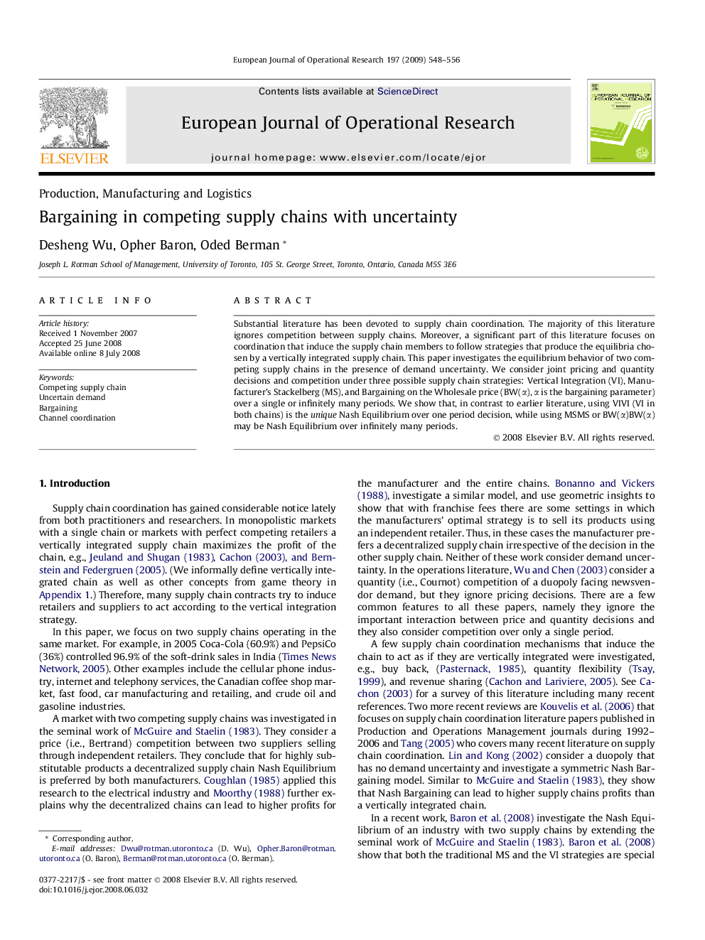 Bargaining in competing supply chains with uncertainty