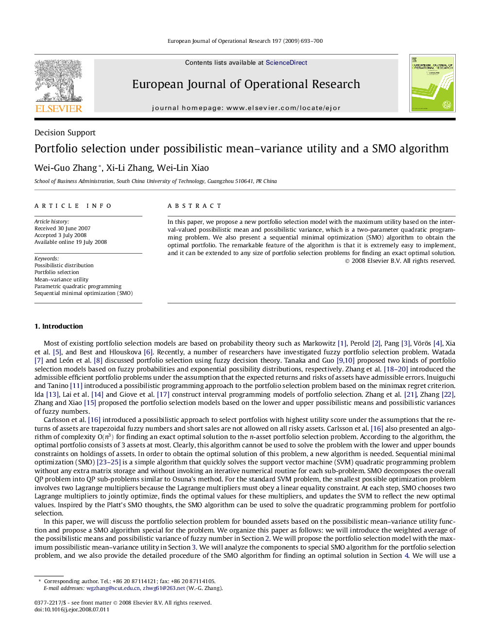 Portfolio selection under possibilistic mean–variance utility and a SMO algorithm