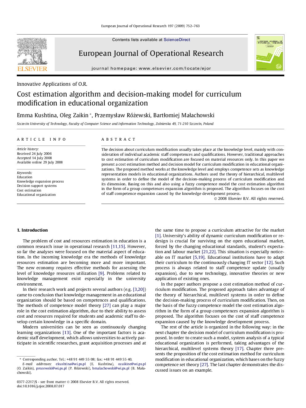 Cost estimation algorithm and decision-making model for curriculum modification in educational organization