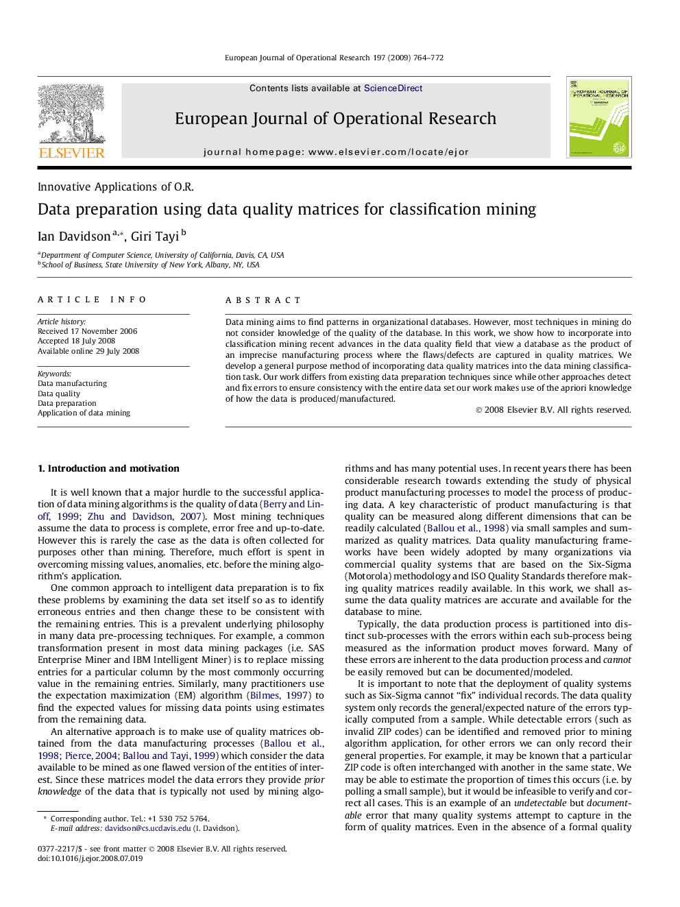 Data preparation using data quality matrices for classification mining