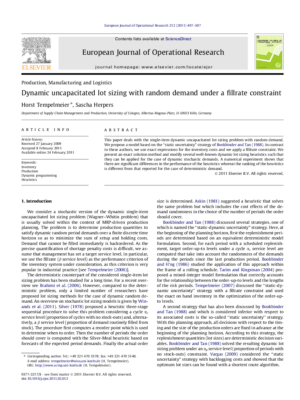 Dynamic uncapacitated lot sizing with random demand under a fillrate constraint