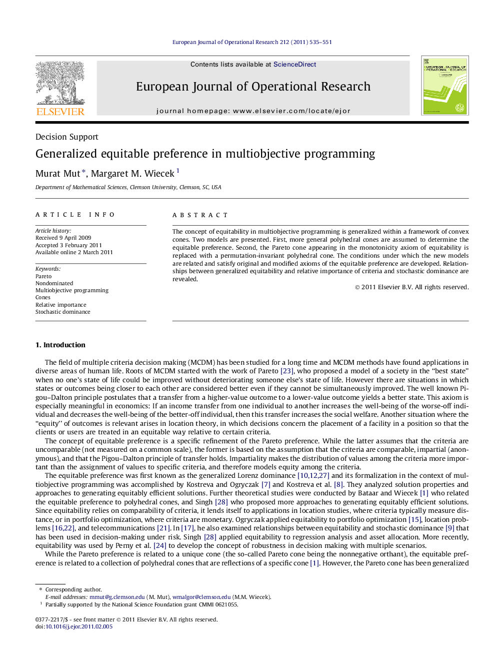 Generalized equitable preference in multiobjective programming