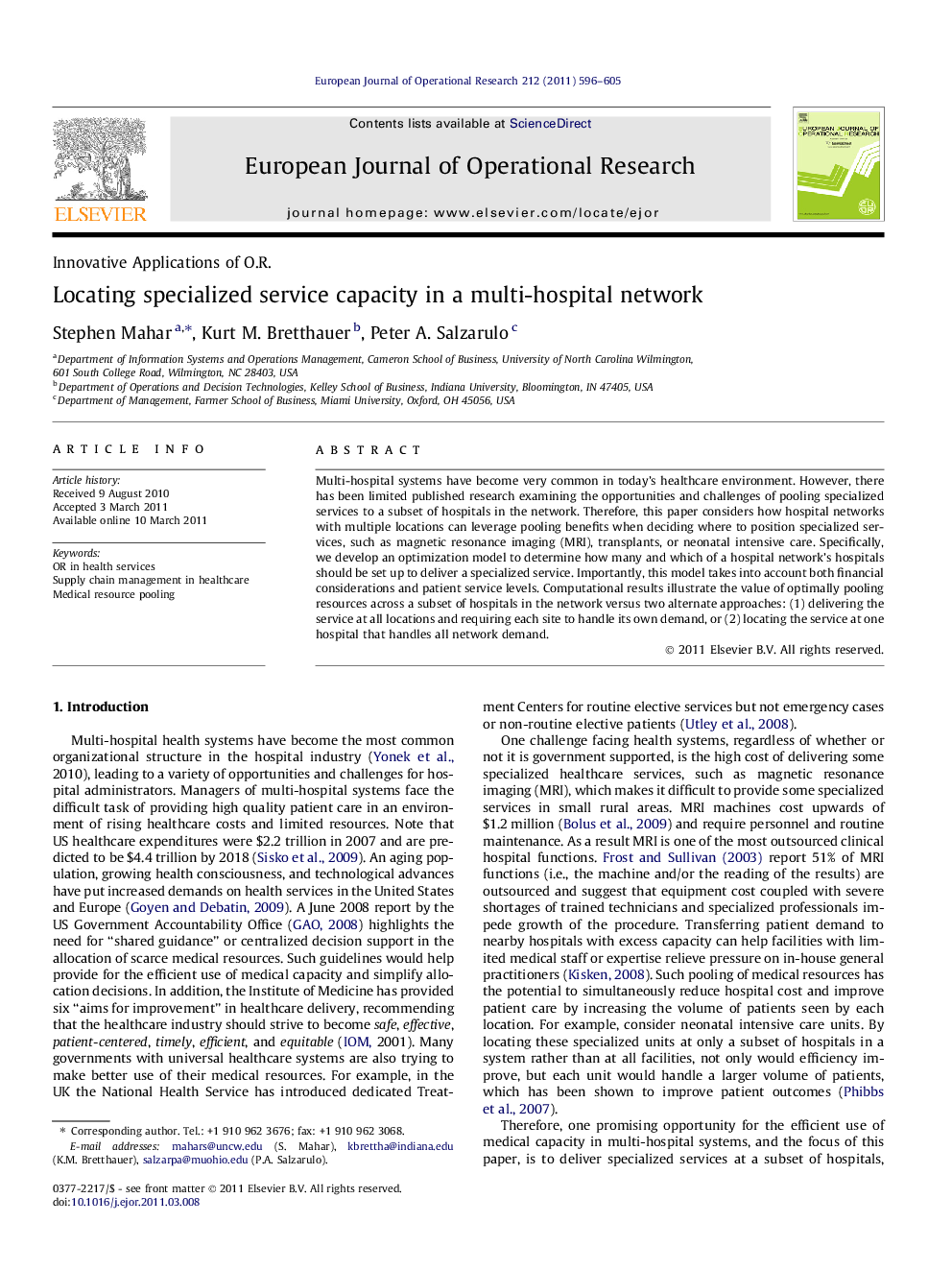 Locating specialized service capacity in a multi-hospital network