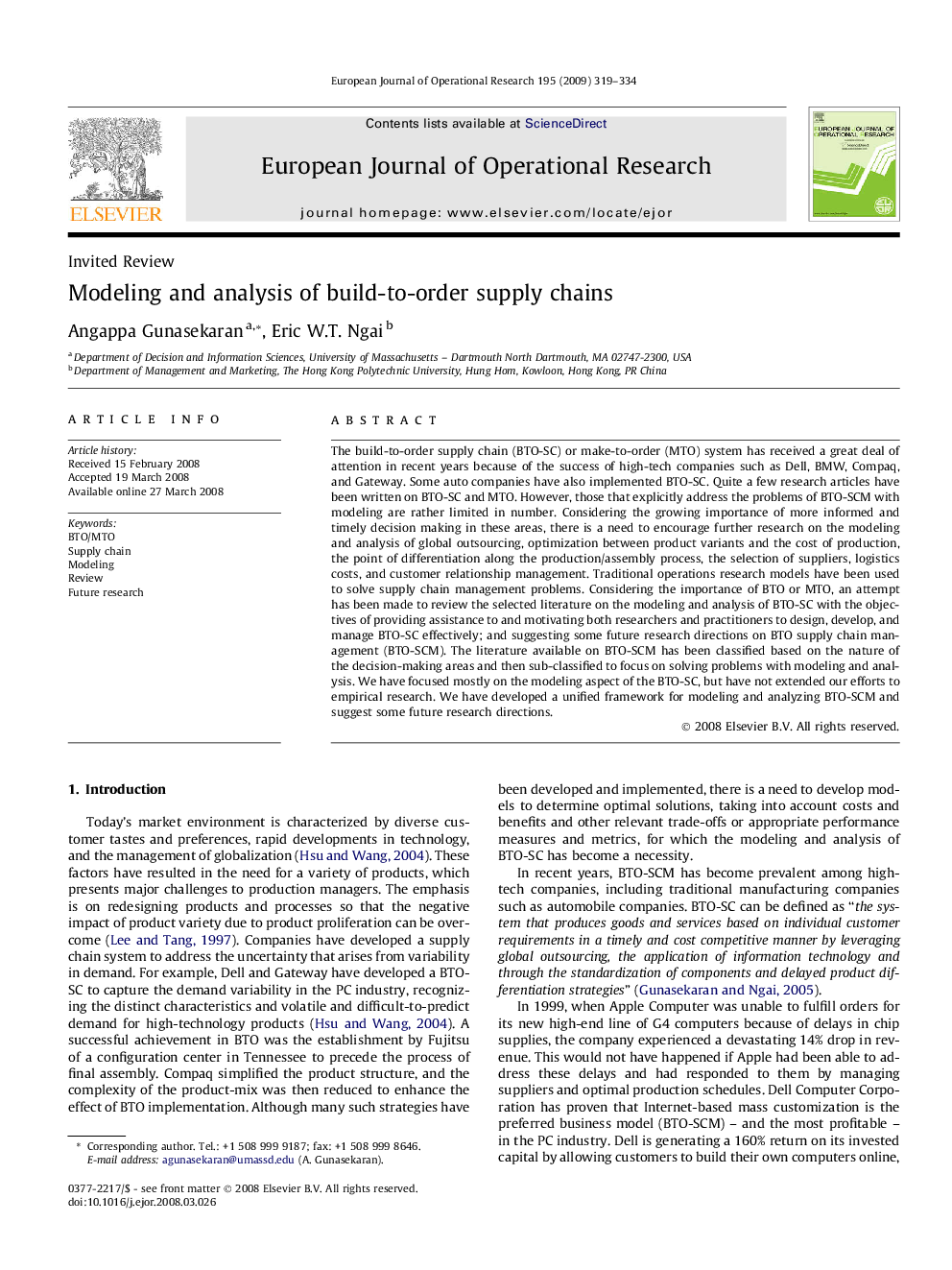 Modeling and analysis of build-to-order supply chains