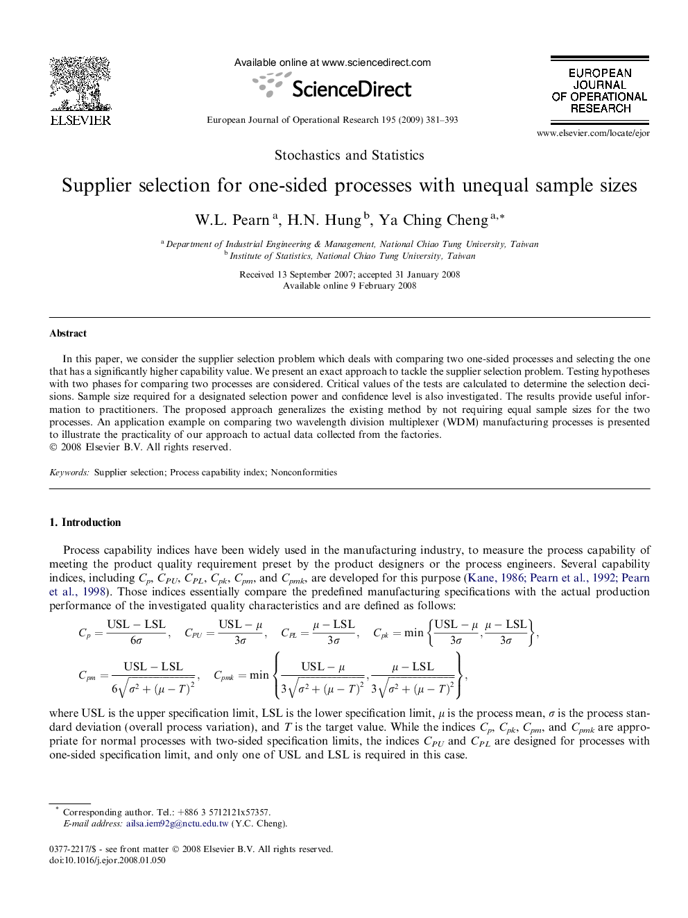 Supplier selection for one-sided processes with unequal sample sizes