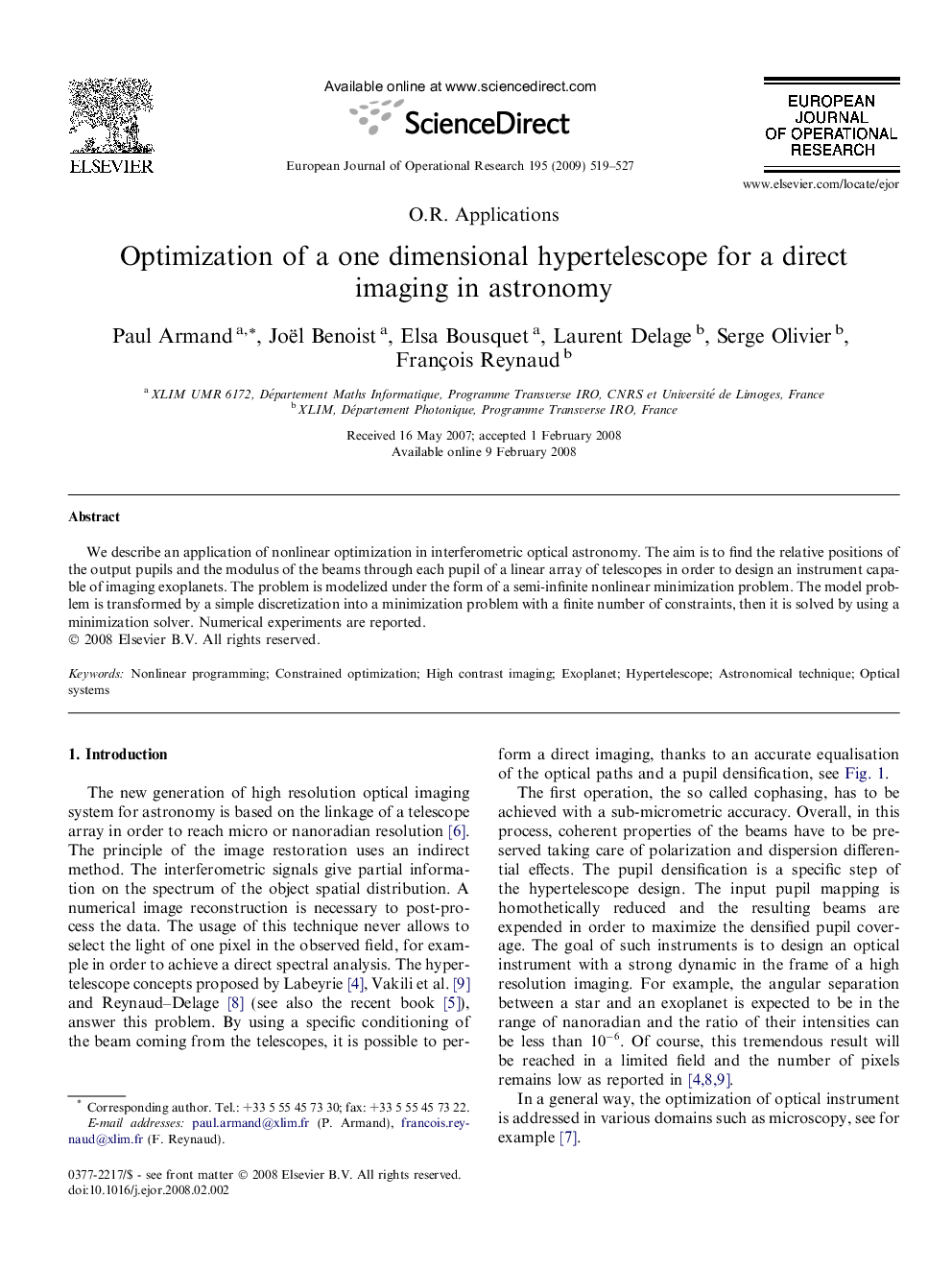 Optimization of a one dimensional hypertelescope for a direct imaging in astronomy