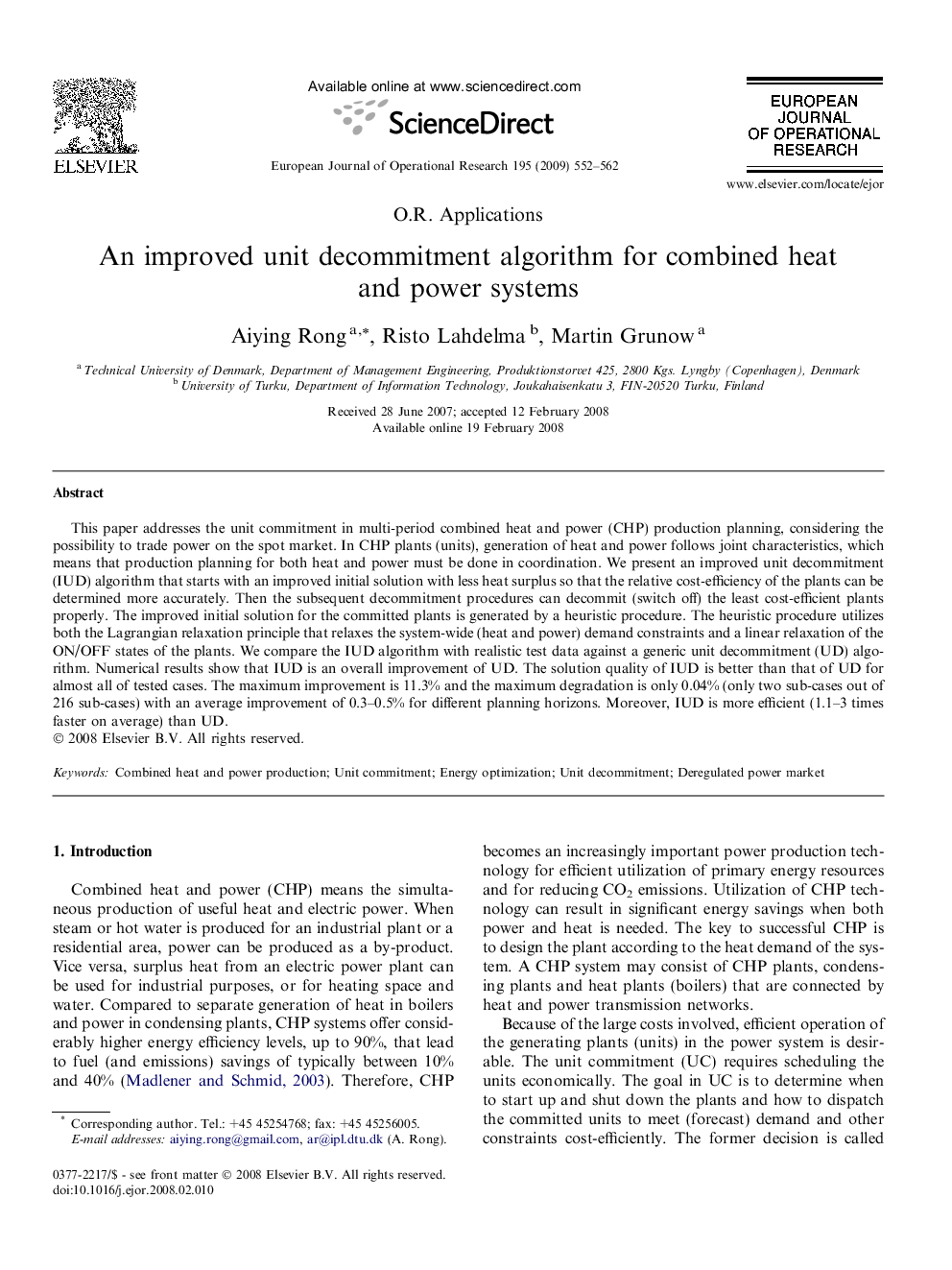 An improved unit decommitment algorithm for combined heat and power systems