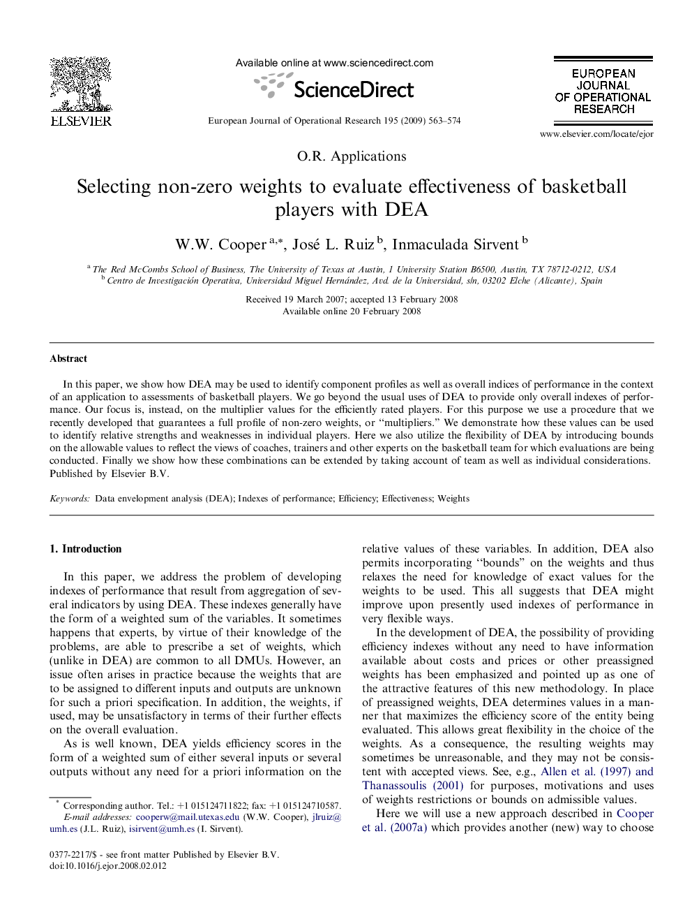 Selecting non-zero weights to evaluate effectiveness of basketball players with DEA