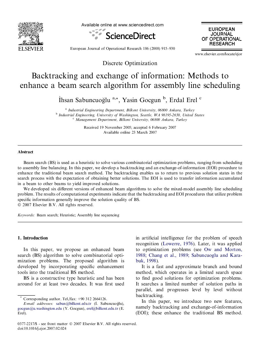 Backtracking and exchange of information: Methods to enhance a beam search algorithm for assembly line scheduling