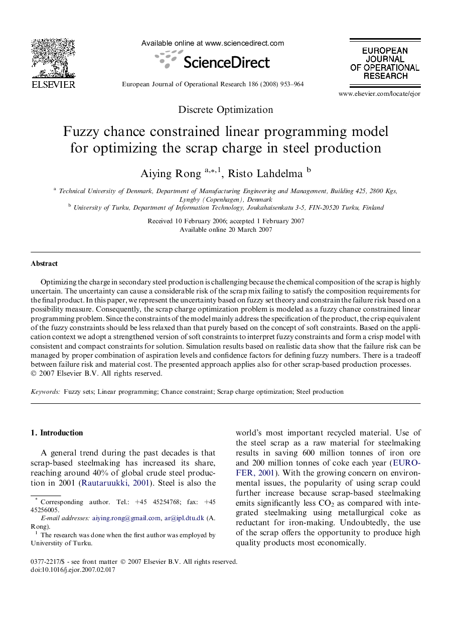 Fuzzy chance constrained linear programming model for optimizing the scrap charge in steel production