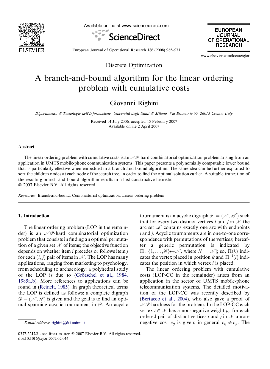 A branch-and-bound algorithm for the linear ordering problem with cumulative costs