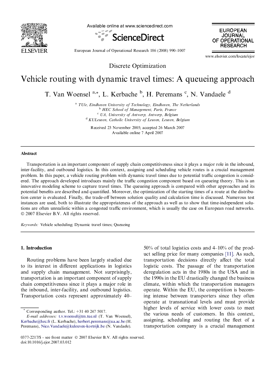 Vehicle routing with dynamic travel times: A queueing approach