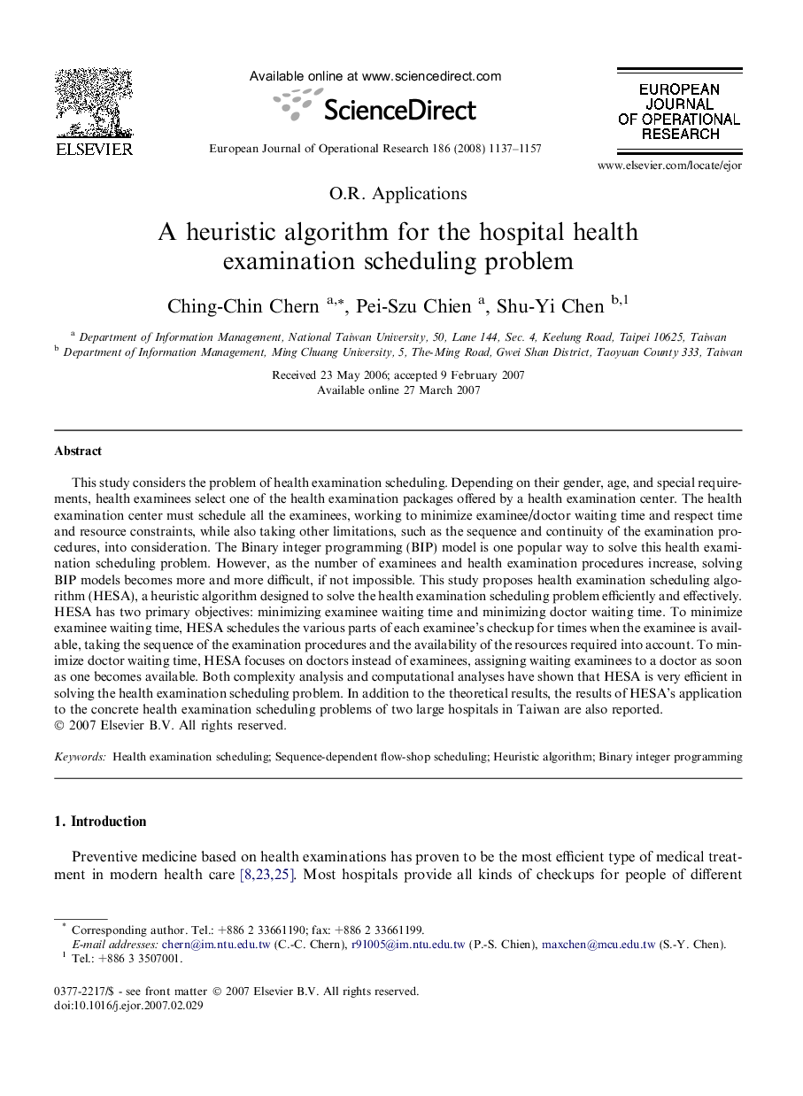 A heuristic algorithm for the hospital health examination scheduling problem