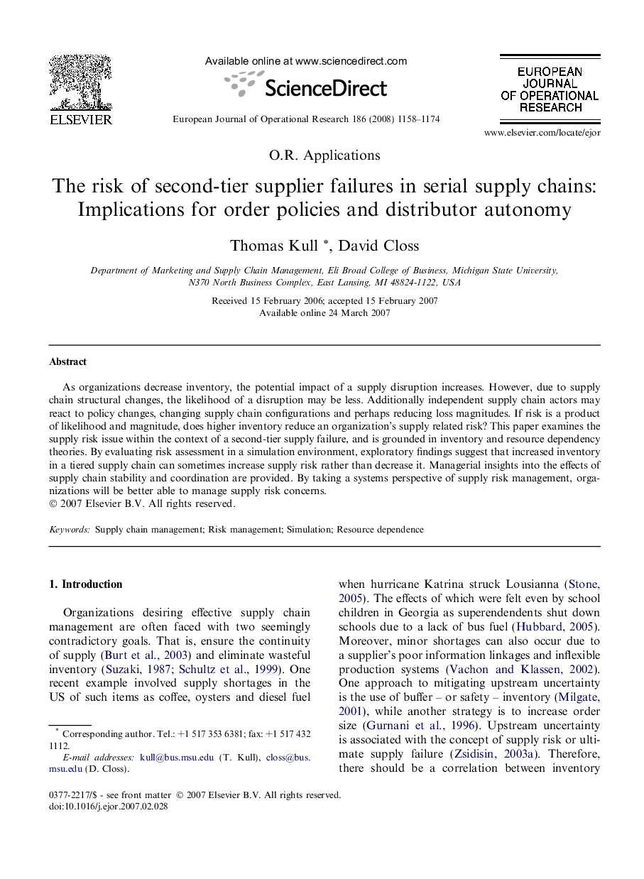 The risk of second-tier supplier failures in serial supply chains: Implications for order policies and distributor autonomy