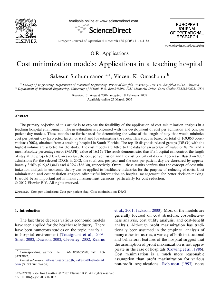 Cost minimization models: Applications in a teaching hospital