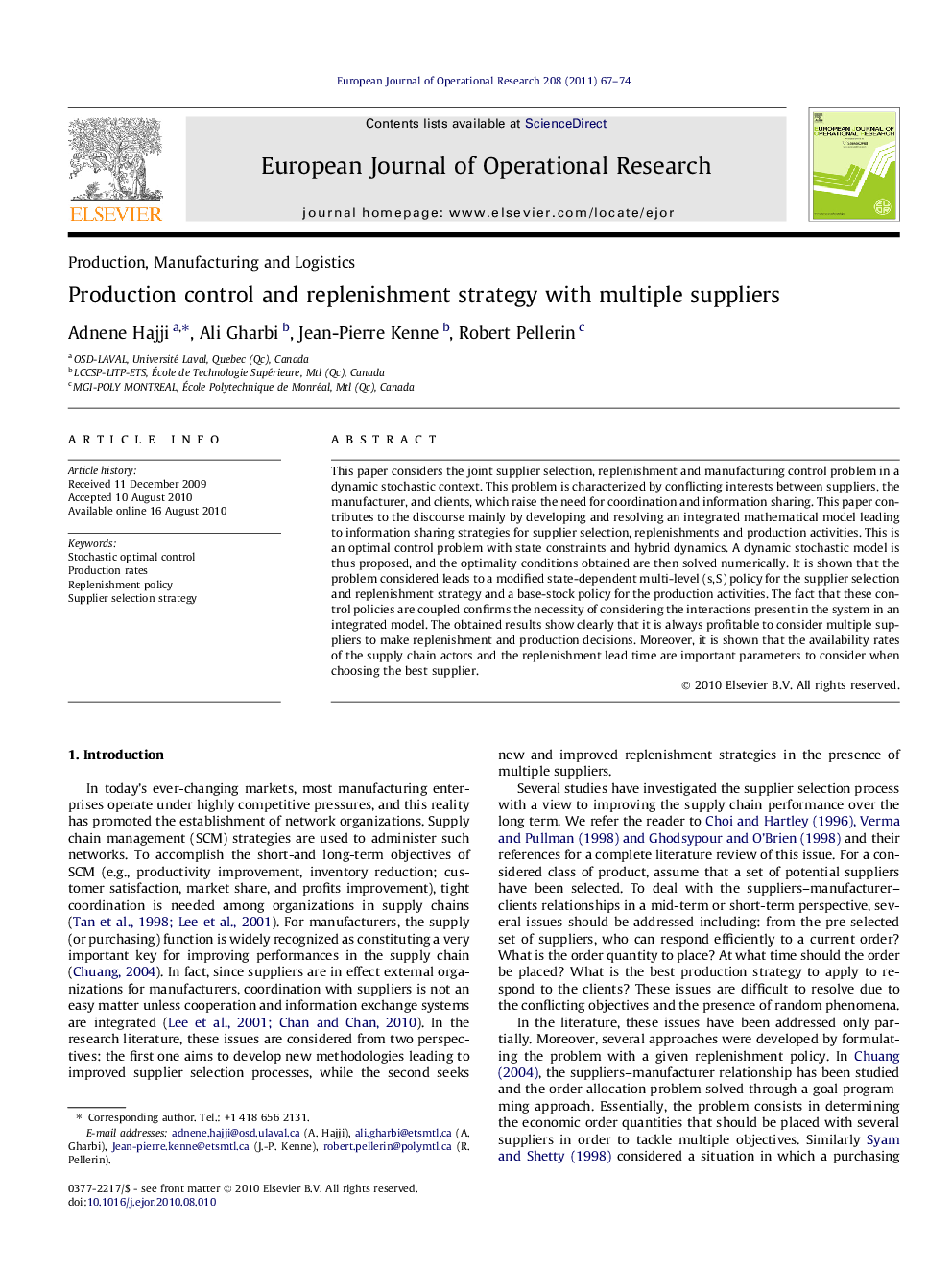 Production control and replenishment strategy with multiple suppliers