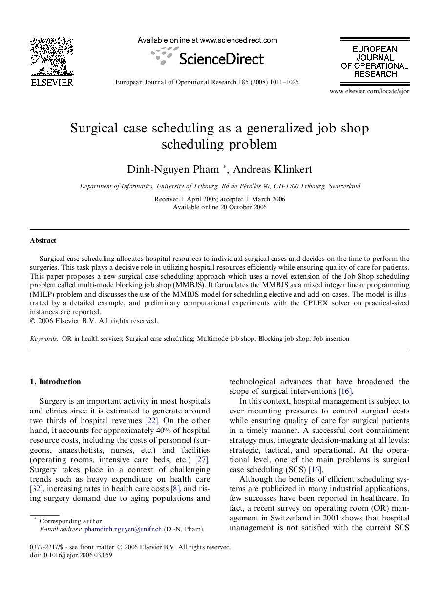 Surgical case scheduling as a generalized job shop scheduling problem