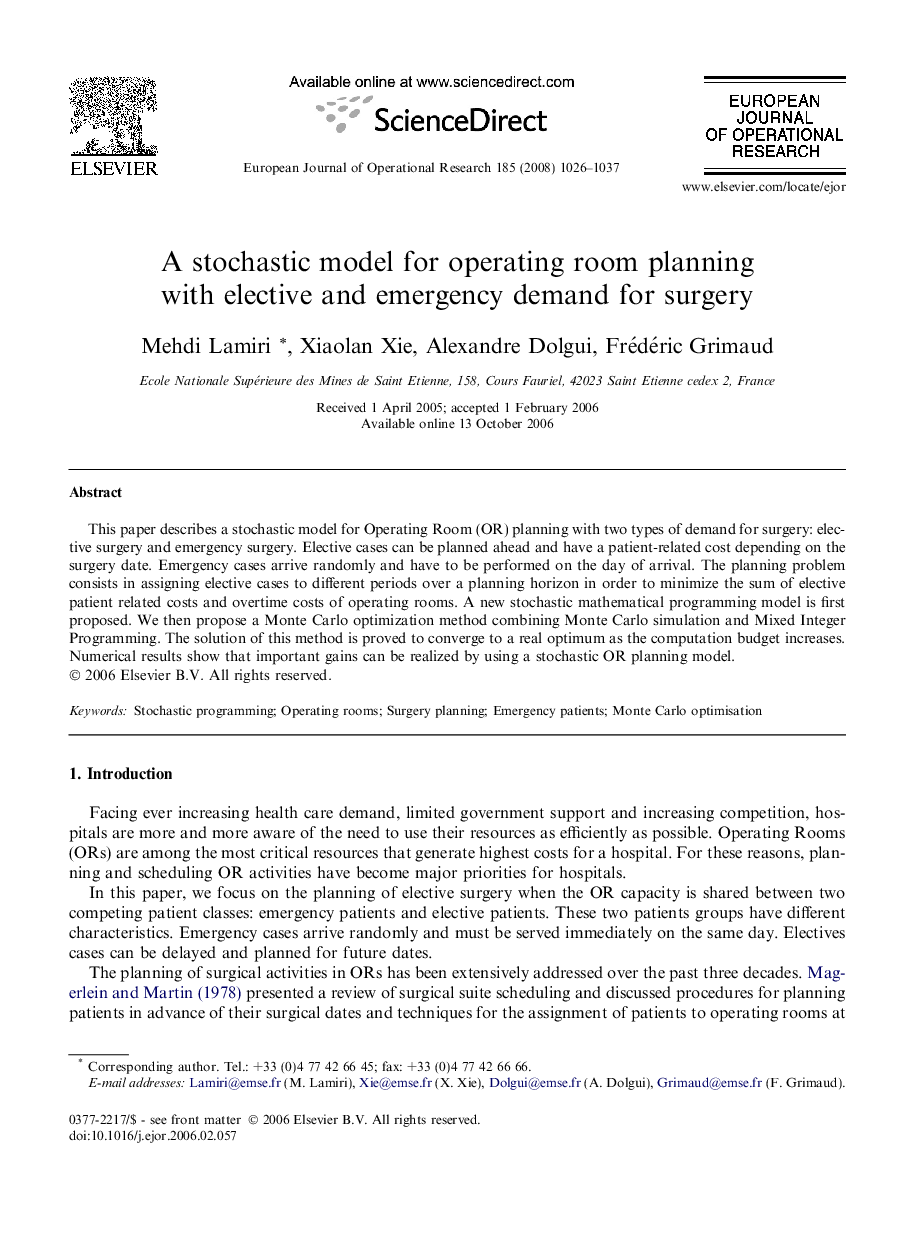 A stochastic model for operating room planning with elective and emergency demand for surgery