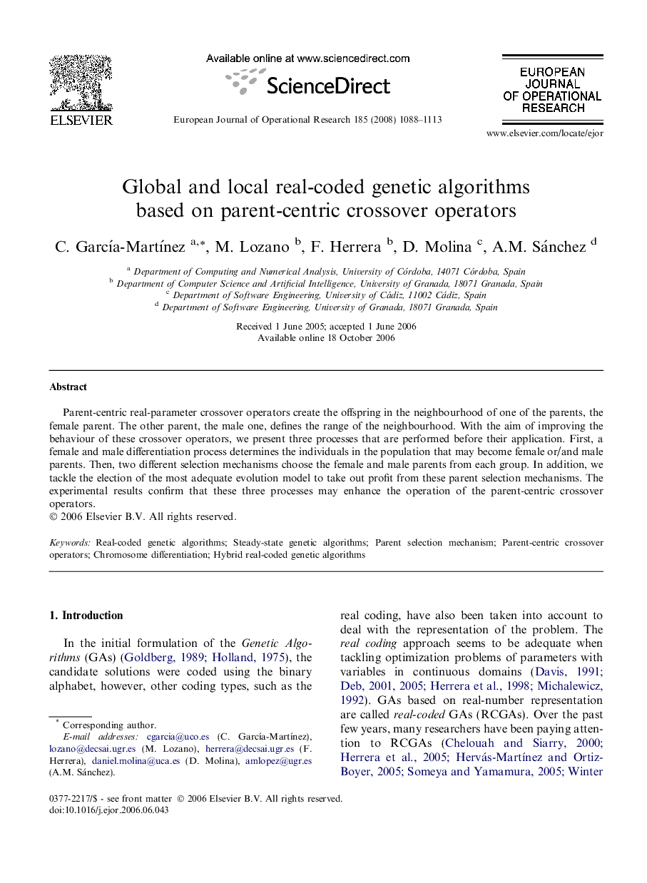 Global and local real-coded genetic algorithms based on parent-centric crossover operators