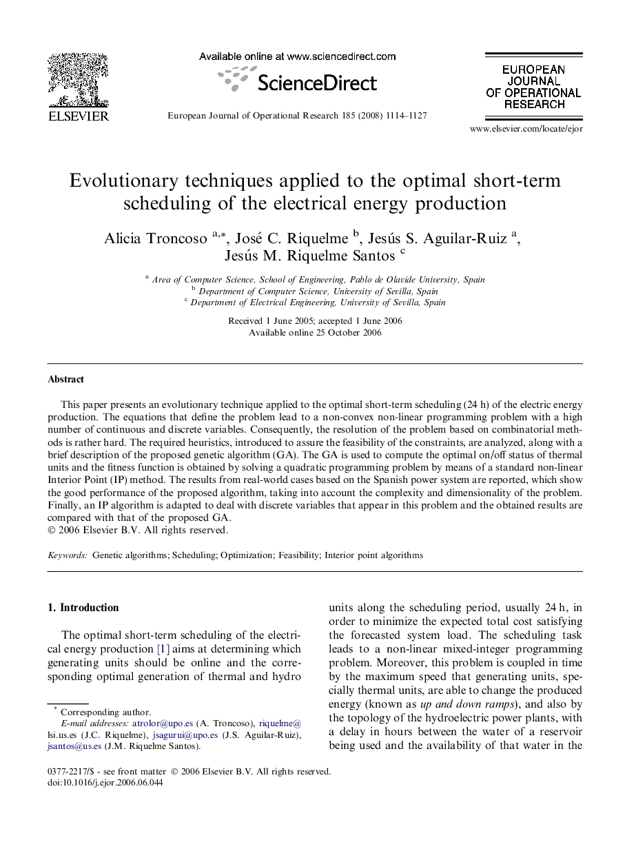 Evolutionary techniques applied to the optimal short-term scheduling of the electrical energy production