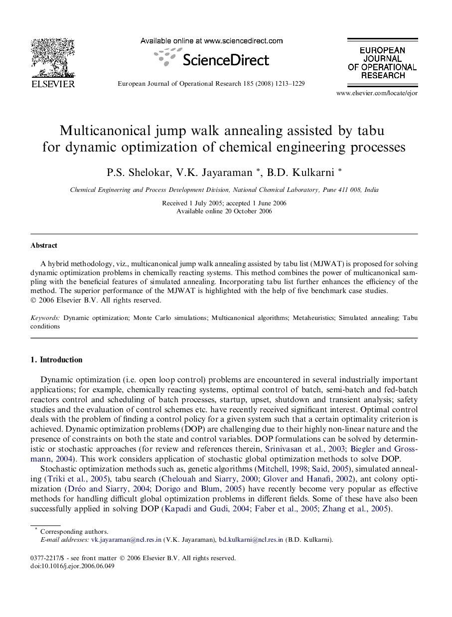 Multicanonical jump walk annealing assisted by tabu for dynamic optimization of chemical engineering processes