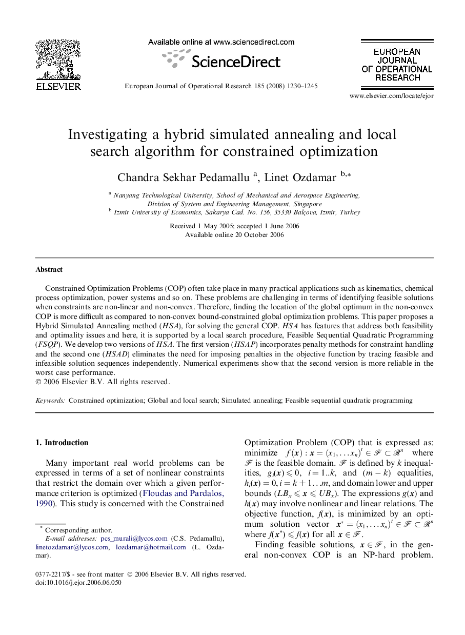 Investigating a hybrid simulated annealing and local search algorithm for constrained optimization