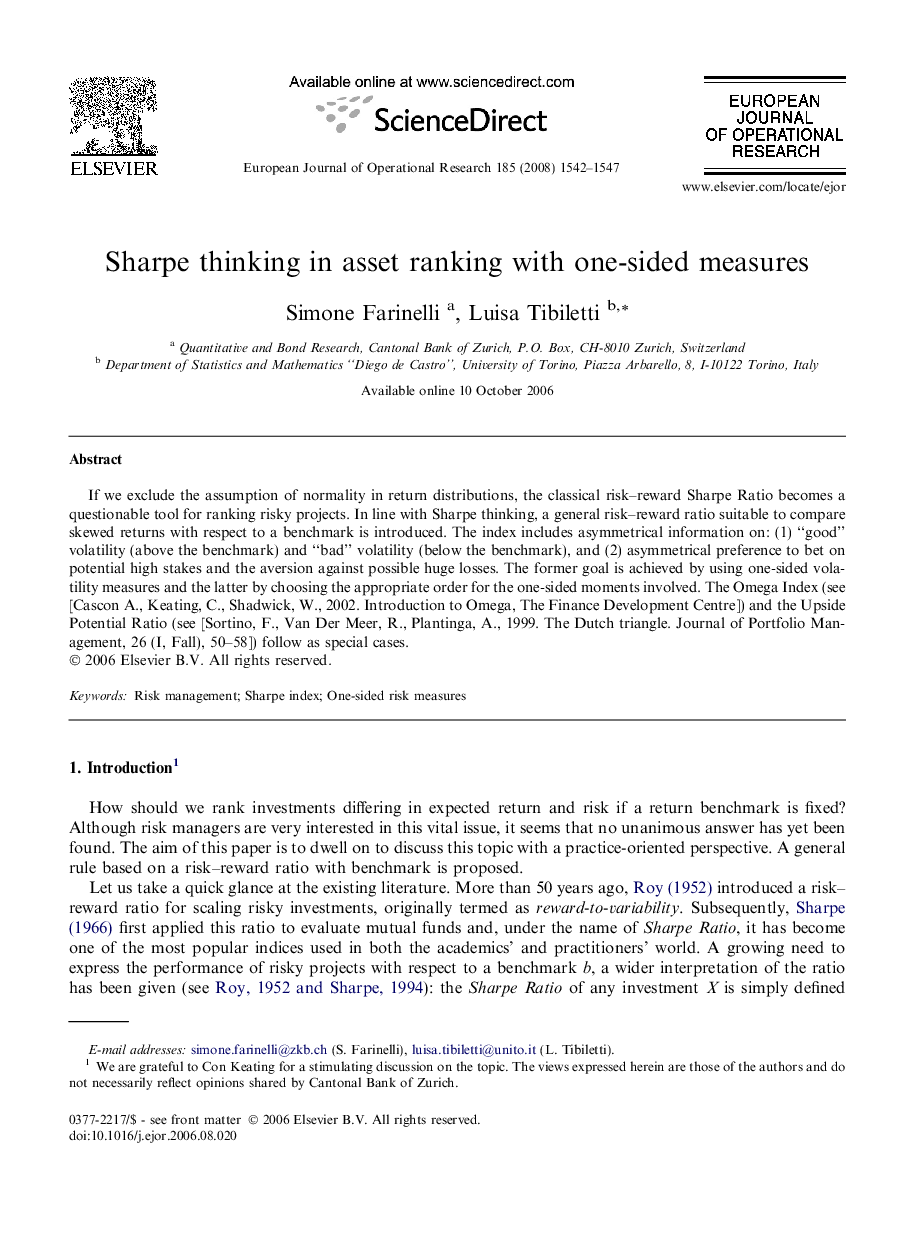 Sharpe thinking in asset ranking with one-sided measures