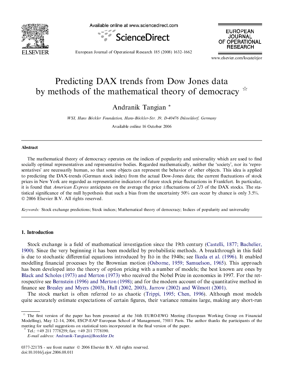 Predicting DAX trends from Dow Jones data by methods of the mathematical theory of democracy 